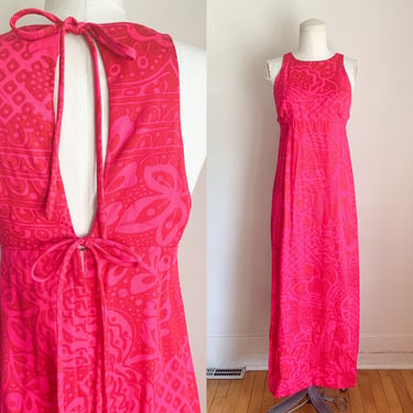 Vintage 1960s Red & Pink Floral Hawaiian Maxi Dress / XS 