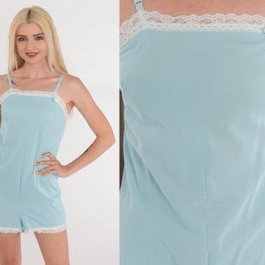 Lingerie Romper 70s Baby Blue Teddy Bodysuit Lace Trim Teddie Step In Chemise One Piece Romantic Sexy Shorts Vintage 1970s Extra Small xs 32 