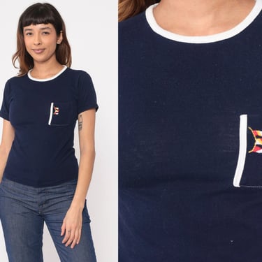 Nautical Flag Shirt 80s Graphic Nautical Tee Navy Blue Tshirt Vintage Embroidered Pocket Ringer T Shirt 1980s Retro Sailor 2xs xxs xs 