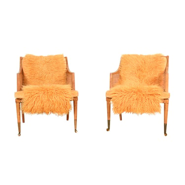 Robsjohn-Gibbings Pair of Decorator Chairs w. Custom Flokati Throws
