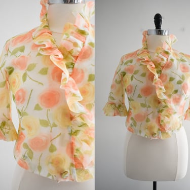 1960s Peach Rose Chiffon Ruffled Jacket 