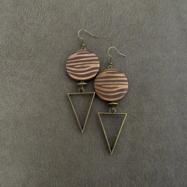 Mid century modern earrings, long brown wood and bronze Afrocentric dangle earrings, chic earrings, African earrings, bold statement zebra 