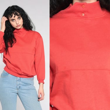 Red-Orange Pullover Sweatshirt Y2K Funnel Neck Sweatshirt Button Up Sweatshirt Vintage 00s Retro Vintage Solid Blank Mock Neck Medium 