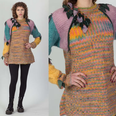 80s Chantel Knits Multicolored Mohair Leather Trim Oversize Sweater - One Size | Vintage Color Block Retro Slouchy Knit Pullover 