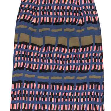 Marni - Navy, Olive & Peach Geometric Print Wool Midi Skirt Sz 4