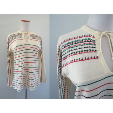 Vintage 70s Hippie Sweater Bell Sleeve Knit Pullover Boho 1970s Lightweight Size Large 