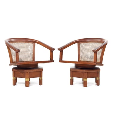 Jim Peed for Hickory Model 5105 Mid Century Mahogany Swivel Chairs - Pair - mcm 
