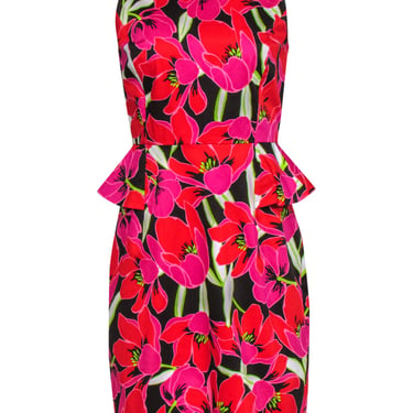Kate Spade - Pink, Red, Brown Floral Fitted Sheath Dress with Peplum Sz 8