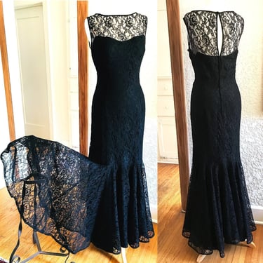 Glamorous Vintage 1950's Black Lace Mermaid Party Dress /Gown with Elusion Neckline -- size Medium 