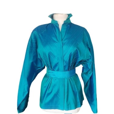 Vintage 80s Silk Blouse Electric Blue w/Pleats and Belt/Pussycat Bow / M 