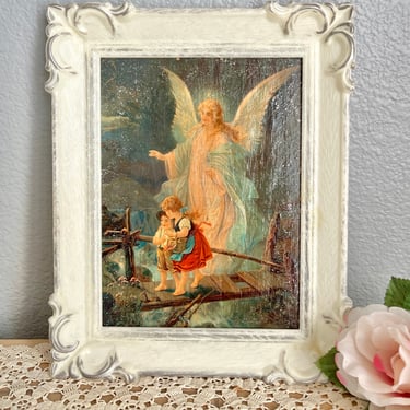 Guardian Angel Wall Decor, Vintage 60s Print, Ornate Frame, Christian, Religious 