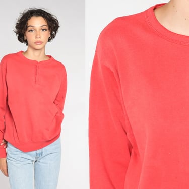 Red Henley Sweatshirt 90s Quarter Button Up Long Sleeve Shirt Plain Pullover Light Sweater Retro Basic Solid Top Vintage 80s Mens Medium M 