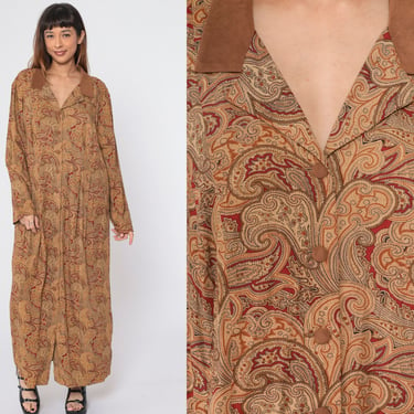 90s Paisley Dress Maxi Dress Button Up Shirtdress 1990s Long Sleeve Vintage Minidress Shift Collared Yellow Red Brown Plus Size 24 2xl 