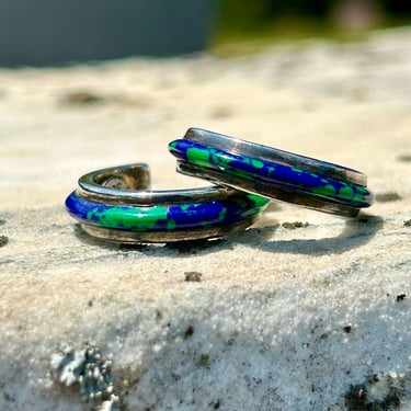 Sterling Silver Hoop Earring Inlaid Azurite Malachite Vintage Jewelry 1990s Gemstone Blue Green 