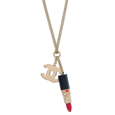 Chanel Lipstick Gold CC Pendant Necklace Rhinestone 04A