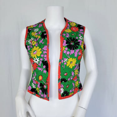 1970's Mixed Floral Print Green Black Polka Dot Quilted Vest I Sz Sm I Youth Guild 