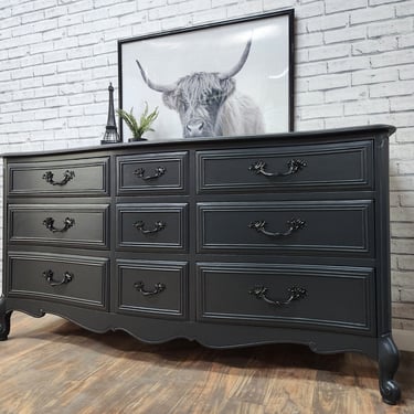 Available!! Satin Black French Provincial / Gothic Modern Dresser / Buffet / tv stand 