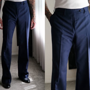 Vintage 70s Yves Saint Laurent  Navy Blue Flare Leg Slacks Unworn Deadstock | Made in France | 100% Wool | 1970s YSL Designer Mens Pants 