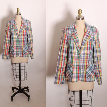 1970s Multi-Colored Rainbow Plaid Long Sleeve Button Up Blazer Jacket by College Town -L 