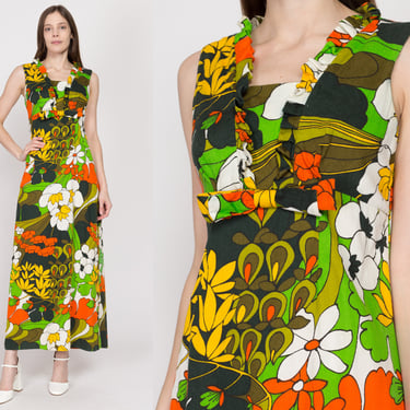Medium 60s Hawaiian Tropical Floral Maxi Sundress | Vintage Barkcloth Boho A Line Summer Sun Dress 