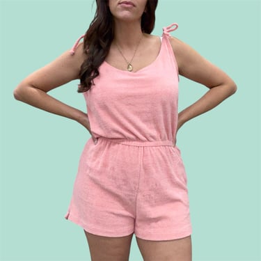 Vintage Romper Retro 1970s Womens Apparel + Terry Cloth + Baby Pink + Adjustable Tie Straps + Playsuit + One Piece + Swim Cover Up + Shorts 