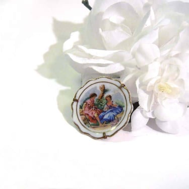 Limoges France Miniature Plate Pin Brooch Vintage Courting Couple Romance Porcelain 