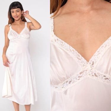 White Lace Slip Dress 70s Lingerie Nightgown Nylon Midi Nightie Nylon Empire Waist Vintage 1970s Olga Medium 38 