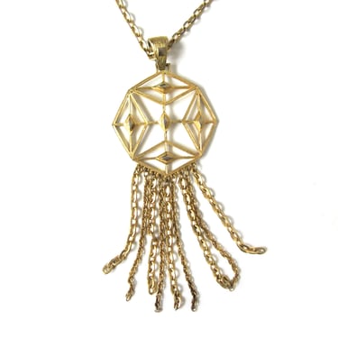 1970s Vintage Statement Necklace, Gold Tone Pendant with Chain Fringe, Long Necklace, Boho Style Dangle Jewelry, Gold and Silver Honeycomb 