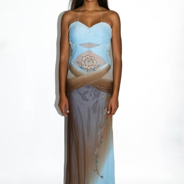 Blue & Brown Ombré Silk Chiffon Paneled Mesh Beaded Gown
