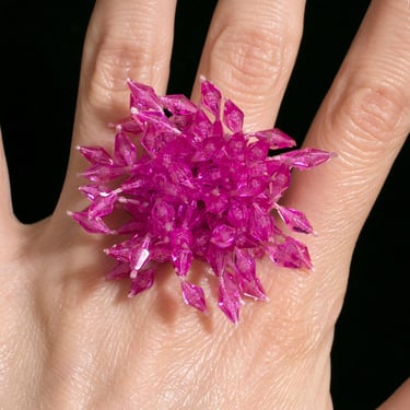 Vintage 60s 70s Clear Magenta Pink Shaggy Bead Cluster Adjustable Ring 