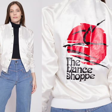 80s The Dance Shoppe Cropped Satin Varsity Jacket Petite XS | Vintage White Snap Button Windbreaker Coat 