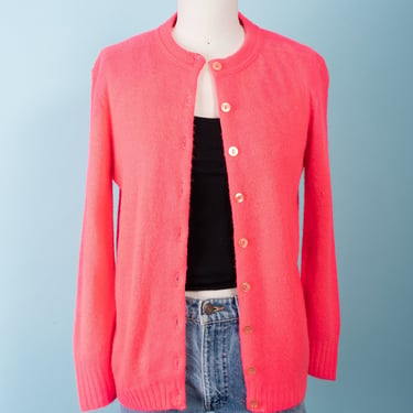 60s NEON Coral Pink Soft Cardigan with Petersham Ribbon Button Band 
