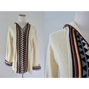 Vintage Boho Sweater - 70s Hooded Hippie Cardigan - Open Front - Size Small / Medium 