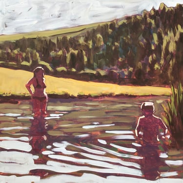 Mother and Child in River - Original Acrylic Painting on Canvas 30 x 30, large, country, water, texas, michael van, summer, fine art, woman 
