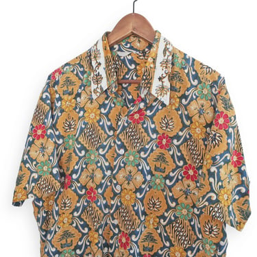 floral button up / cabana shirt / 1960s floral damask two pocket cabana shirt short sleeve button up XL 