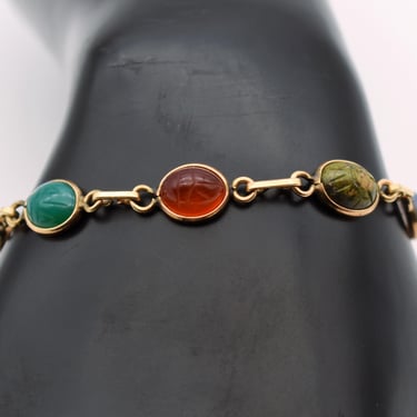 40's gemstone scarabs 12k GF bracelet, Egyptian revival gold filled hand carved beetle bracelet 