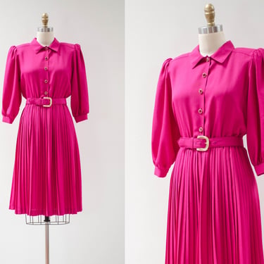 hot pink pleated dress | 80s vintage dark raspberry pink puff sleeve knee length fit and flare dress 