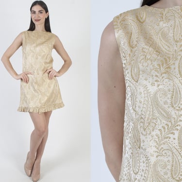 60s Gold Party Dress, Metallic Paisley Print, Vintage Micro Mini Skirt, Cocktail Party Outfit 