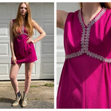 1960's Mini Dress / Magenta with Silver Trim Twiggy Dress / Babydoll Sixties Mini Dress 