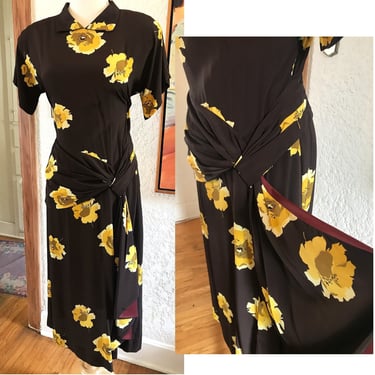 Lovely 1940's Cold Rayon Floral Print Dress with Dramatic Hip Swag -- Size Medium 