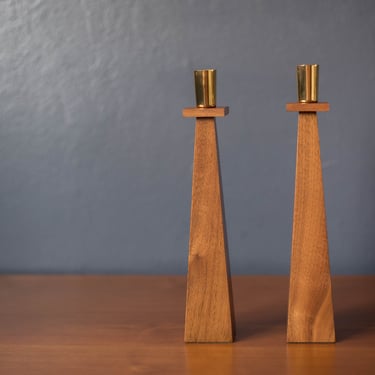 Mid Century Modern Pair of Sculptural Walnut and Brass Candlestick Holders 