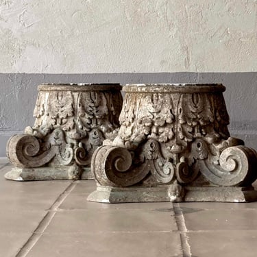 Pair of 19th C. Carved English Marble Corinthian Capitals Circa 1820