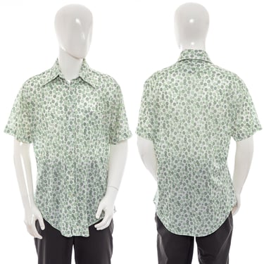 1970's Sears White and Green Lime Print Shirt Size L