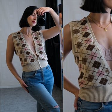 Vintage 80s Ralph Lauren Pink Earthtone Argyle Silk & Linen Knit Cardigan Sweater Vest | Silk/Linen | 1980s RL Designer Womens Sweater Vest 