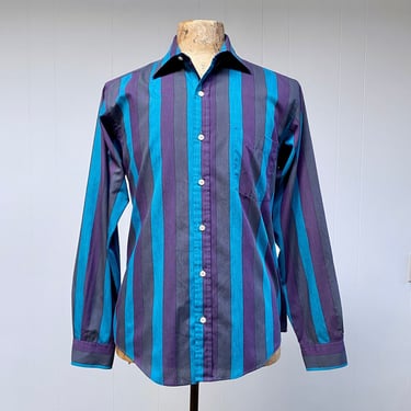Vintage 1980s Striped Men's Shirt, 80s Long Sleeve Cotton Blend Dress Shirt, 44