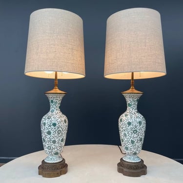 Pair of Antique Painted French Porcelain Lamps, c.1950’s 