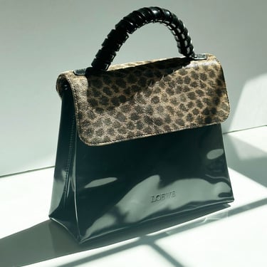 Vintage LOEWE Noir Patent and Leopard Print Top Handle Bag with Curly Handle Minimal Gold made in Spain Black Cheetah Print 