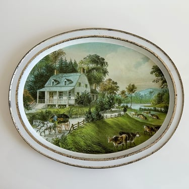 Currier & Ives Oval Tin Trays 11" Vintage 1970s 