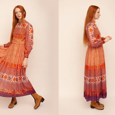 Vintage 1970s Orange Purple Floral High Neck Balloon Sleeve Full Length Gown Psychedelic Glamorous Dress 