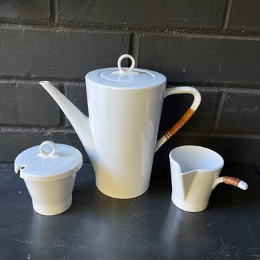 Kenji Fujita for Freeman Lederman Tea Set Pitcher Sugar Creamer Porcelain Cane Wrapped Handles Vintage Mid-Century Japanes Modernism 